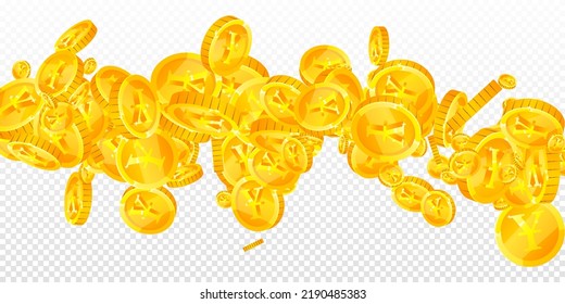 Japanese yen coins falling. Scattered gold JPY coins. Japan money. Global financial crisis concept. Wide vector illustration.