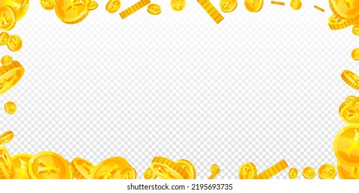 Japanese yen coins falling. Scattered gold JPY coins. Japan money. Global financial crisis concept. Wide vector illustration.