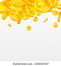 Japanese yen coins falling. Scattered gold JPY coins. Japan money. Global financial crisis concept. Square vector illustration.