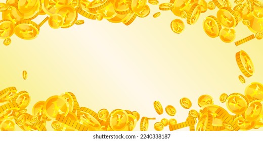 Japanese yen coins falling. Scattered gold JPY coins. Japan money. Jackpot wealth or success concept. Wide vector illustration.