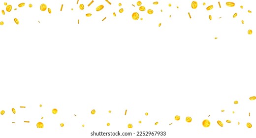 Japanese yen coins falling. Scattered gold JPY coins. Japan money. Great business success concept. Wide vector illustration.