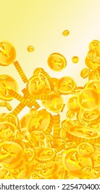 Japanese yen coins falling. Scattered gold JPY coins. Japan money. Global financial crisis concept. Vector illustration.