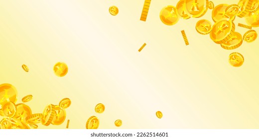 Japanese yen coins falling. Scattered gold JPY coins. Japan money. Jackpot wealth or success concept. Wide vector illustration.