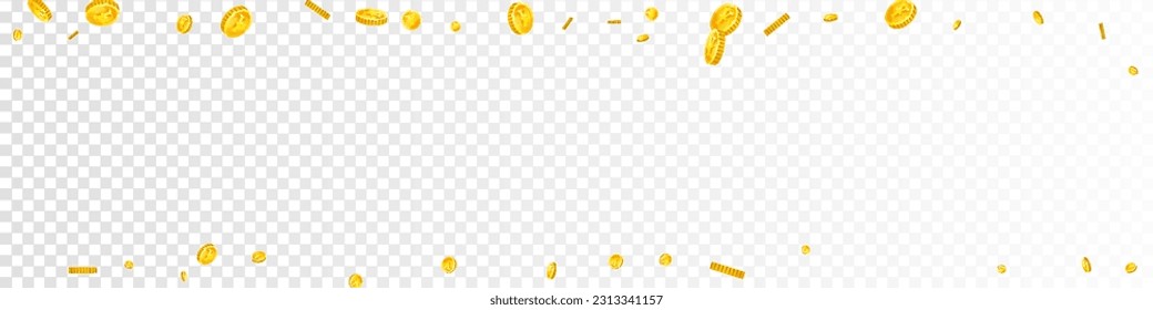 Japanese yen coins falling. Scattered gold JPY coins. Japan money. Great business success concept. Panoramic vector illustration.
