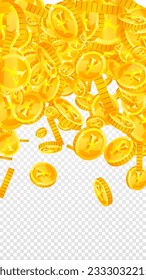 Japanese yen coins falling. Scattered gold JPY coins. Japan money. Global financial crisis concept. Vector illustration.
