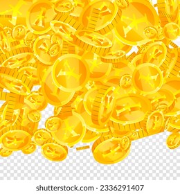 Japanese yen coins falling. Scattered gold JPY coins. Japan money. Jackpot wealth or success concept. Square vector illustration.