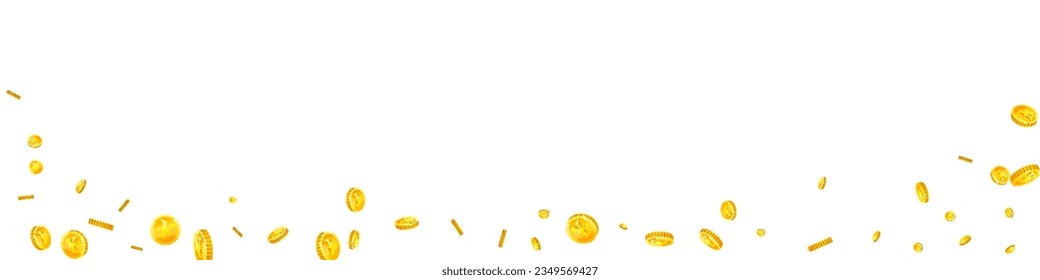 Japanese yen coins falling. Scattered gold JPY coins. Japan money. Great business success concept. Panoramic vector illustration.
