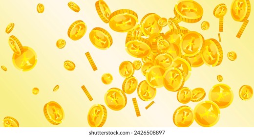 Japanese yen coins falling. Scattered gold JPY coins. Japan money. Global financial crisis concept. Wide vector illustration.