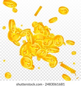 Japanese yen coins falling. Scattered gold JPY coins. Japan money. Great business success concept. Square vector illustration.