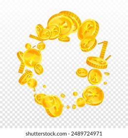 Japanese yen coins falling. Scattered gold JPY coins. Japan money. Great business success concept. Square vector illustration.