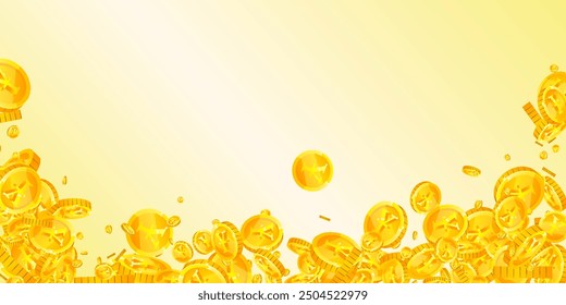 Japanese yen coins falling. Scattered gold JPY coins. Japan money. Great business success concept. Wide vector illustration.