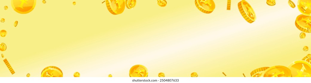 Japanese yen coins falling. Scattered gold JPY coins. Japan money. Global financial crisis concept. Panoramic vector illustration.