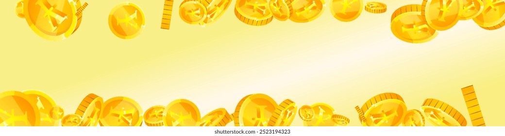 Japanese yen coins falling. Scattered gold JPY coins. Japan money. Great business success concept. Panoramic vector illustration.