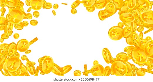 Moedas de iene japonês caindo. Moedas dispersas de ouro JPY. Dinheiro do Japão. Jackpot conceito de riqueza ou sucesso. Ilustração vetorial ampla.