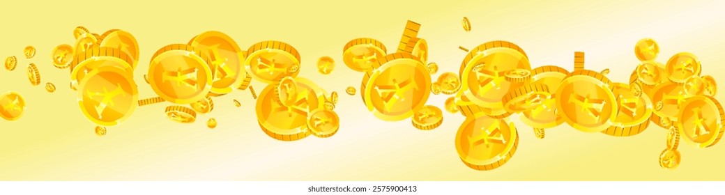 Japanese yen coins falling. Scattered gold JPY coins. Japan money. Great business success concept. Panoramic vector illustration.