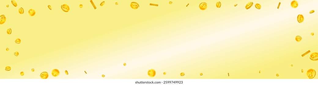 Japanese yen coins falling. Scattered gold JPY coins. Japan money. Global financial crisis concept. Panoramic vector illustration.