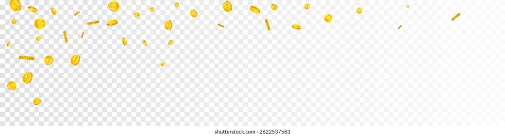 Japanese yen coins falling. Scattered gold JPY coins. Japan money. Great business success concept. Panoramic vector illustration.