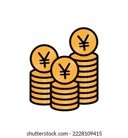 japanese yen coins stack black outline vector illustration, icon flat finance heap, golden money standing on stacked