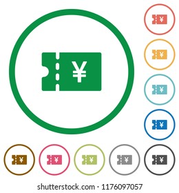 Japanese Yen discount coupon flat color icons in round outlines on white background