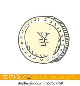 Japanese Yen. Doodle style international currency symbol coins. Editable line drawing. Stock vector illustration.