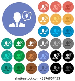 Japanese Yen financial advisor multi colored flat icons on round backgrounds. Included white, light and dark icon variations for hover and active status effects, and bonus shades.