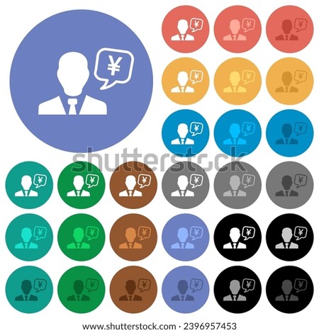 Japanese Yen financial advisor multi colored flat icons on round backgrounds. Included white, light and dark icon variations for hover and active status effects, and bonus shades.