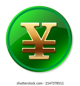 Japanese Yen glossy icon. Green money sign. Casino chip. Vector illustration.
