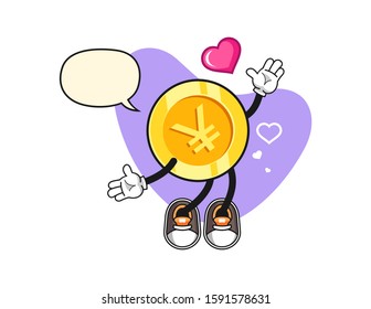 Japanese yen gold coin fall in love with speech bubble cartoon. Mascot Character vector.