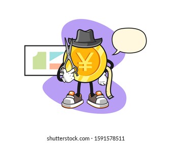 Japanese yen gold coin fashion designer with speech bubble cartoon. Mascot Character vector.