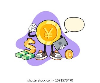 Japanese yen gold coin freelancer with speech bubble cartoon. Mascot Character vector.