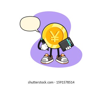 Japanese yen gold coin graphic designer with speech bubble cartoon. Mascot Character vector.