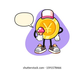Japanese yen gold coin hold ice cream with speech bubble cartoon. Mascot Character vector.