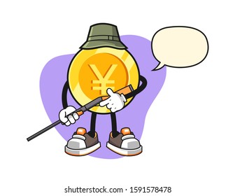Japanese yen gold coin hunter with speech bubble cartoon. Mascot Character vector.