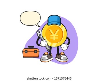 Japanese yen gold coin mechanic with speech bubble cartoon. Mascot Character vector.
