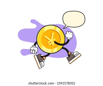 Japanese yen gold coin run with speech bubble cartoon. Mascot Character vector.