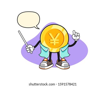 Japanese yen gold coin scientist professor with speech bubble cartoon. Mascot Character vector.