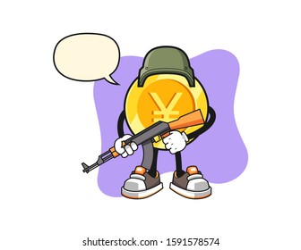 Japanese yen gold coin soldier with speech bubble cartoon. Mascot Character vector.