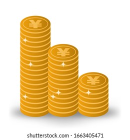 The Japanese yen gold coin stack isolated on white. Gold coins vector illustration. EPS10