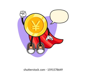 Japanese yen gold coin super hero with speech bubble cartoon. Mascot Character vector.