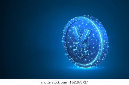 Japanese Yen. Golden Coin 3d illustration. Neon Polygonal Vector business, money, finance, cash, circle concept. Low poly wireframe, triangle, lines, dots, polygons. Blue background. RGB color mode