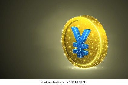 Japanese Yen. Golden Coin colorful 3d illustration. Colorful Polygonal Vector business, money, finance, cash, circle concept. Low poly wireframe, triangle, lines, dots, polygons. RGB color mode