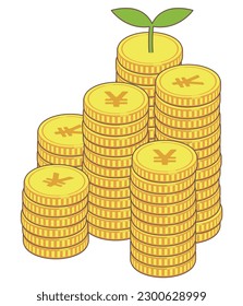 Japanese yen image coin and young leaf illustration material