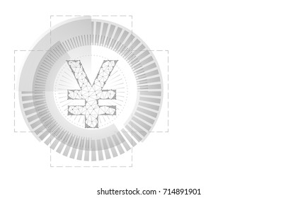 Japanese yen polygonal 3d sign. HUD interface circle panel Japan currency icon white gray low poly triangle futuristic modern technology e-commerce online pay concept vector illustration art