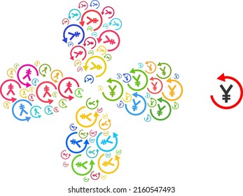 Japanese yen refund icon colored explosion flower with four petals composition. Object flower with four petals created from scattered japanese yen refund items.