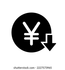 japanese, yen sign with arrow down rounded black vector icon, cost reduction price icon