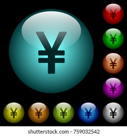 Japanese Yen sign icons in color illuminated spherical glass buttons on black background. Can be used to black or dark templates