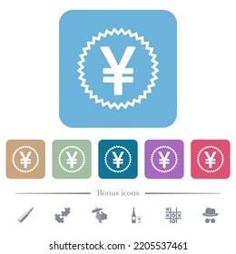 Japanese Yen sticker alternate white flat icons on color rounded square backgrounds. 6 bonus icons included