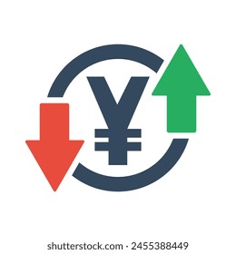 japanese yen symbol green up arrow, chinese yuan sign with red down arrow, money exchange pictogram
