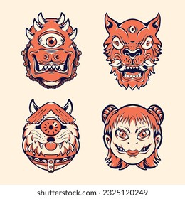 	
Japanese yokai mask vector art