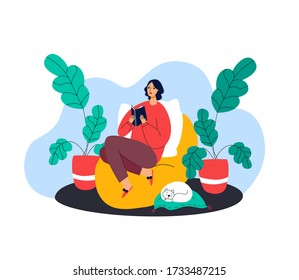 Japanese Young girl reading book at home. Domestic White cat sleeps on a pillow. Home flower. Stay home. Love of reading.flat illustration.White background